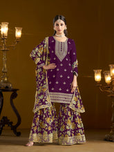 Magenta Chinon Embroidered  Salwar Suit With Sharara Dupatta